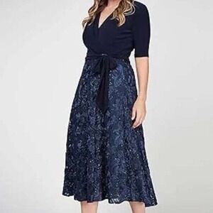 Alex Evenings Rosette Sequin formal Dress Navy Blue Sz 16 Wedding Elegant A Line